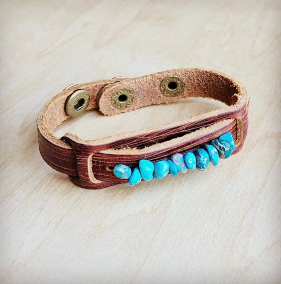 Genuine Leather Narrow Cuff Turquoise Regalite Stones 006v