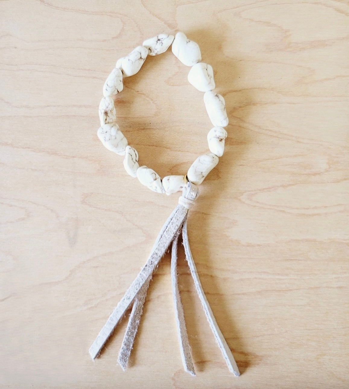 White Turquoise Beaded Bracelet w/ Leather Tassel 810i