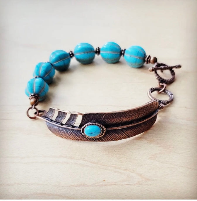 Blue Melon Turquoise Beaded Bracelet Copper Feather 810u