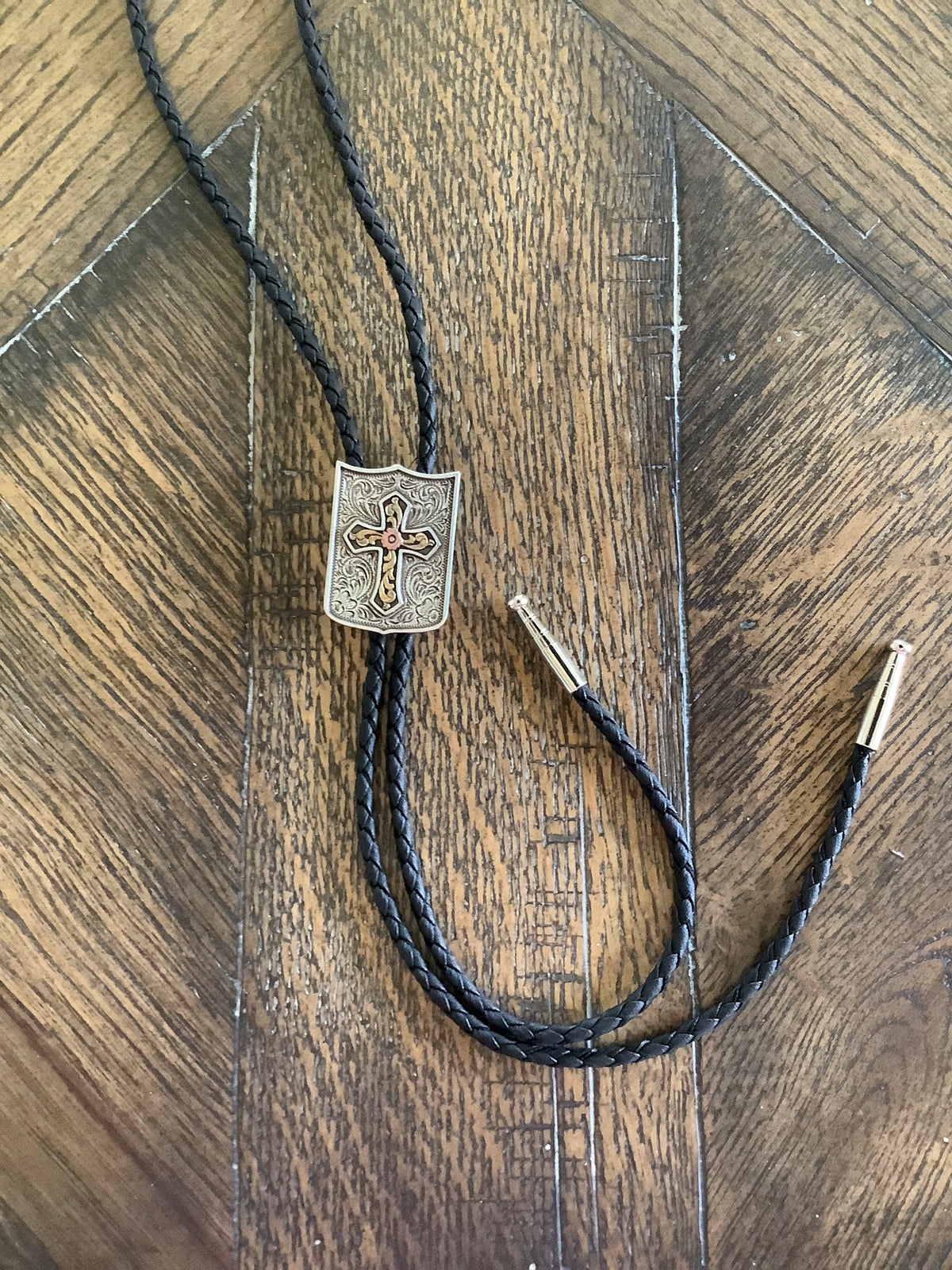 DOUBLE S BOLO TIE SHIELD CROSS 22408
