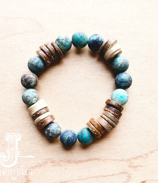 Frosted African Turquoise and Wood Stretch Bracelet (808x)