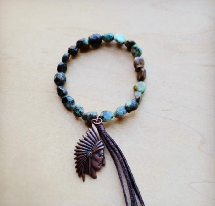 Natural Turquoise Stretch Bracelet w/ Indian Charm 809u