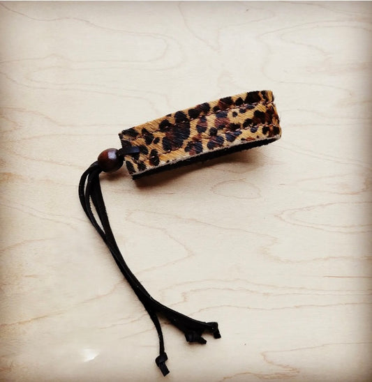 Narrow Leather Cuff w/ Adjustable Tie Hair Hide Leopard 014p