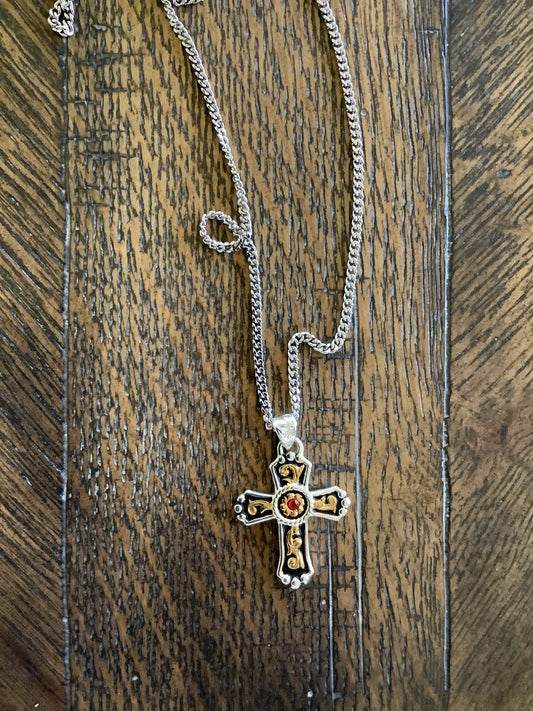 Men’s Silver/Gold Cross with Red Stone DN121