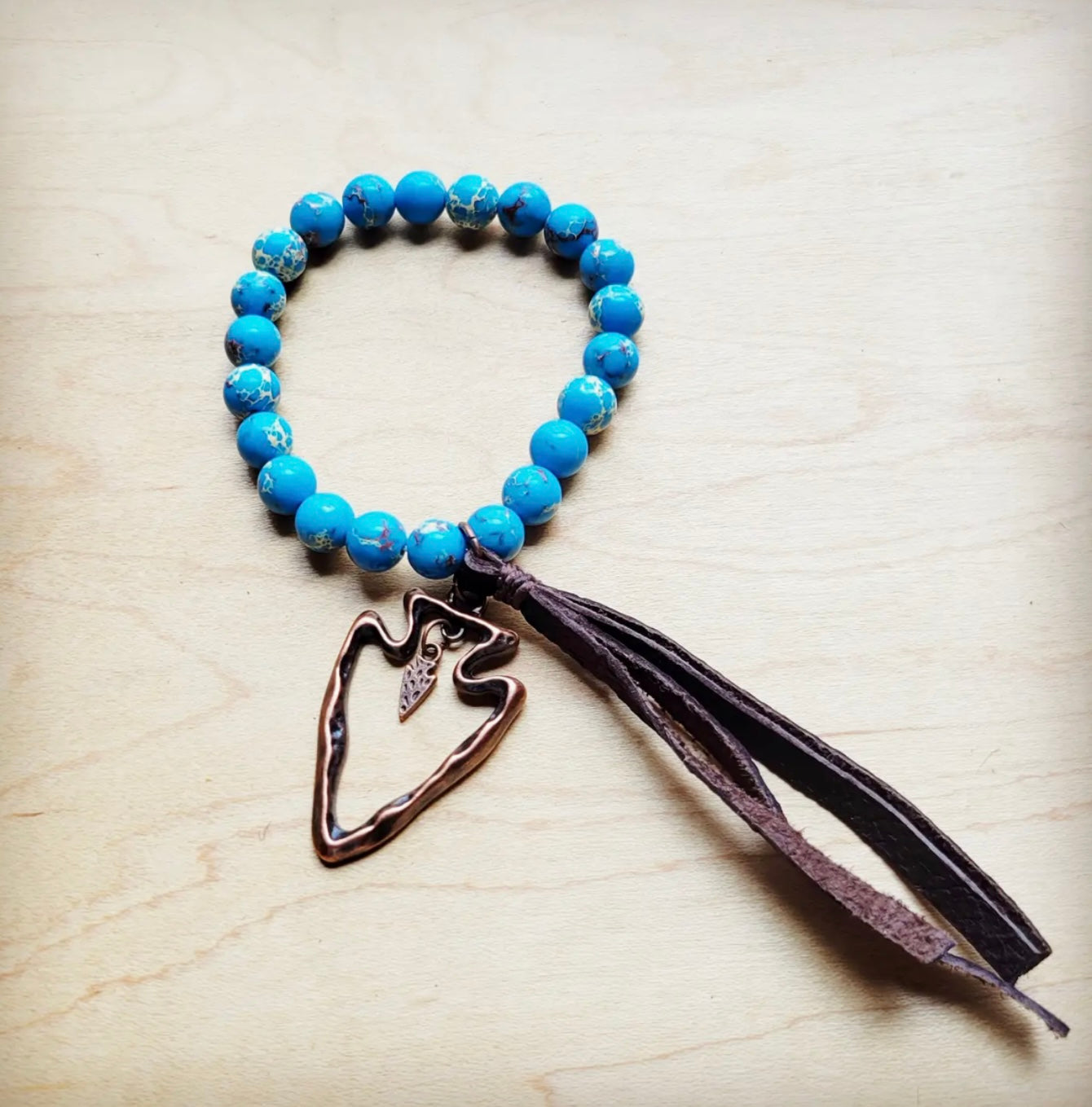 Ocean Agate Beaded Bracelet Leather Tassel Arrowhead 810k