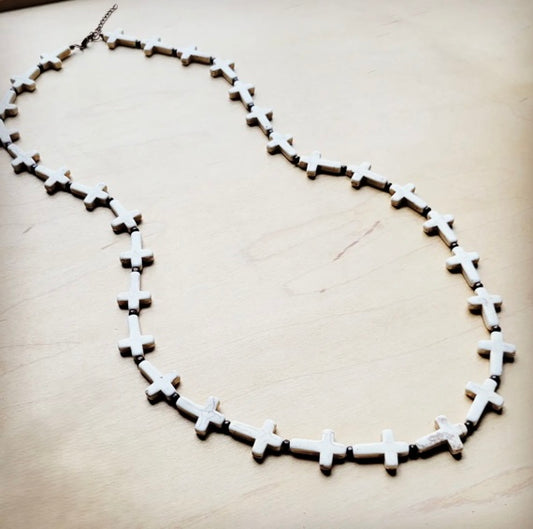 White Turquoise & Wood Beaded Cross Necklace 258o