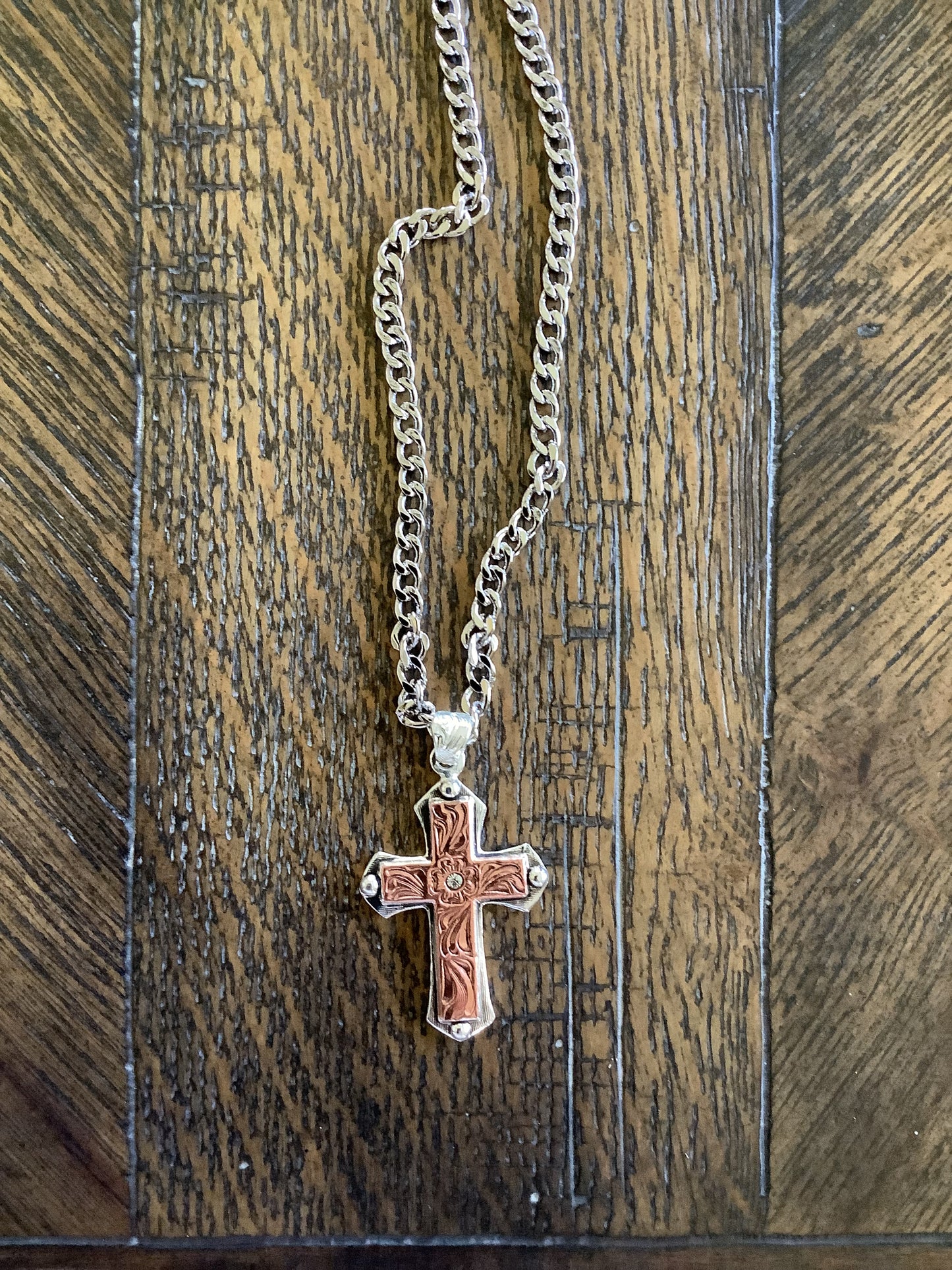 Men’s Silver Cross Pendant w/Rose Gold Floral Engraving and Clear Crystal DN171