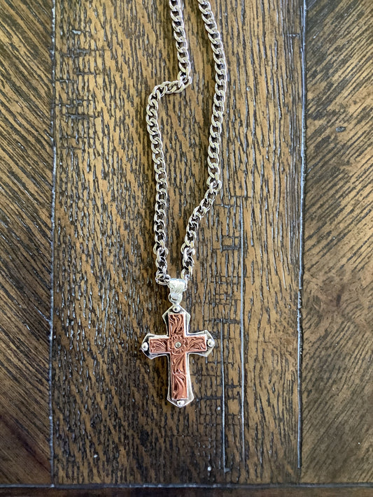 Men’s Silver Cross Pendant w/Rose Gold Floral Engraving and Clear Crystal DN171