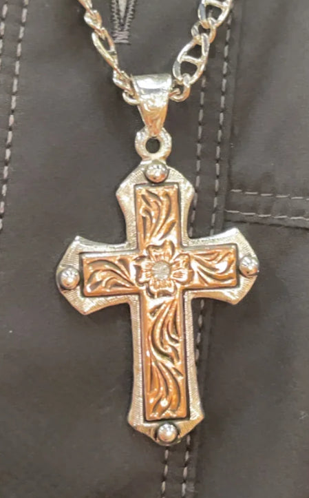 Men’s Silver Cross Pendant w/Rose Gold Floral Engraving and Clear Crystal DN171