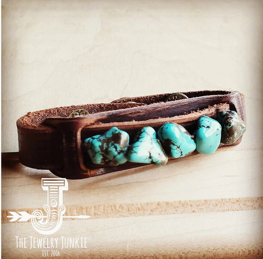 Dusty Leather Narrow Cuff with Blue Turquoise Chunks 002a