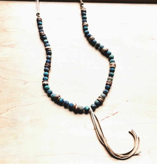 Frosted African Turqu Necklace Wood Beads Leather Tassel