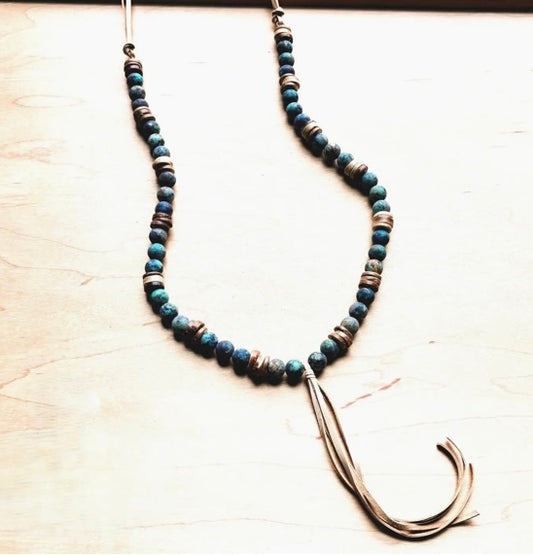 Frosted African Turqu Necklace Wood Beads Leather Tassel