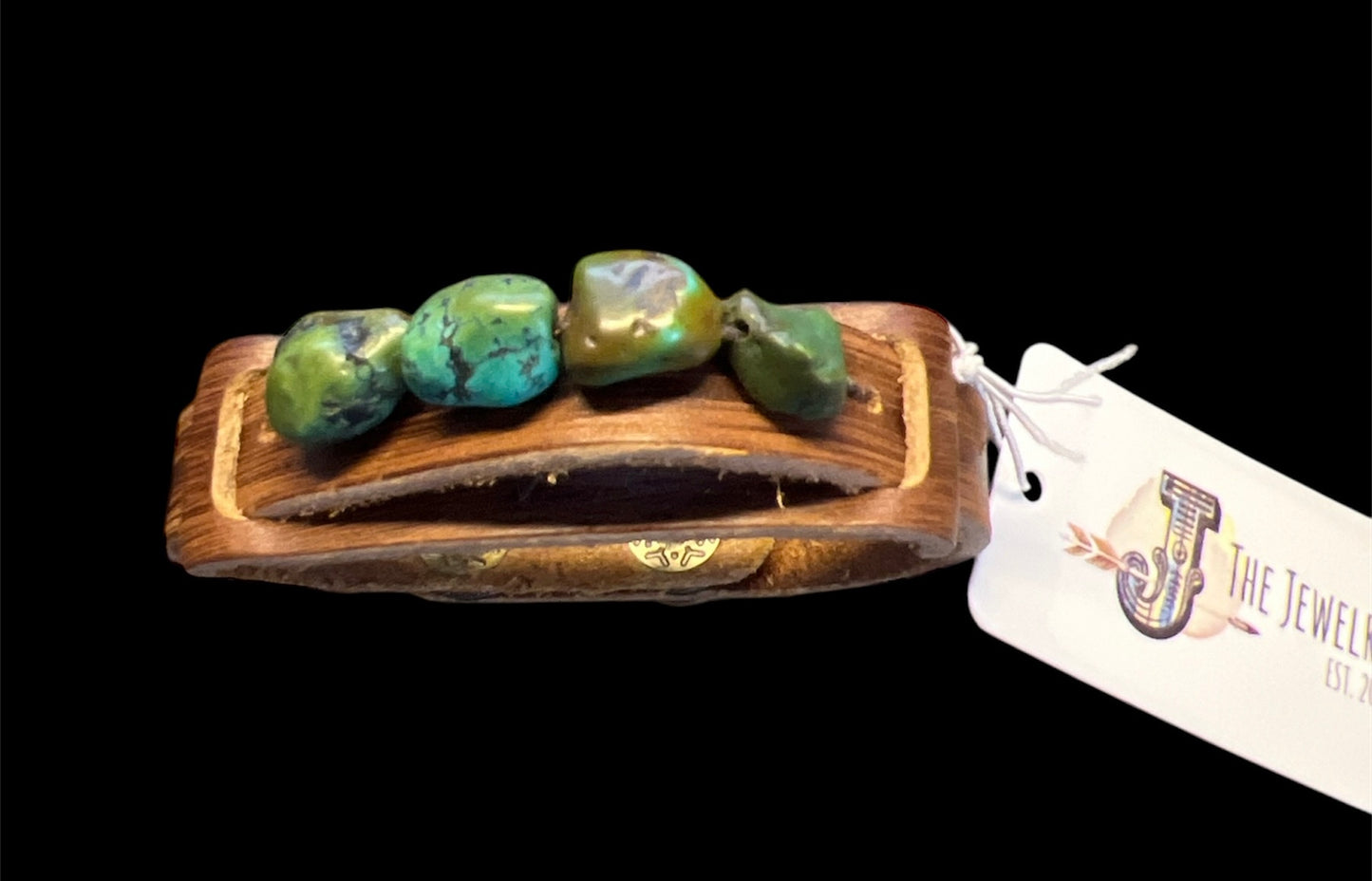 Dusty Leather Narrow Cuff with African Turquoise Chunks 006q