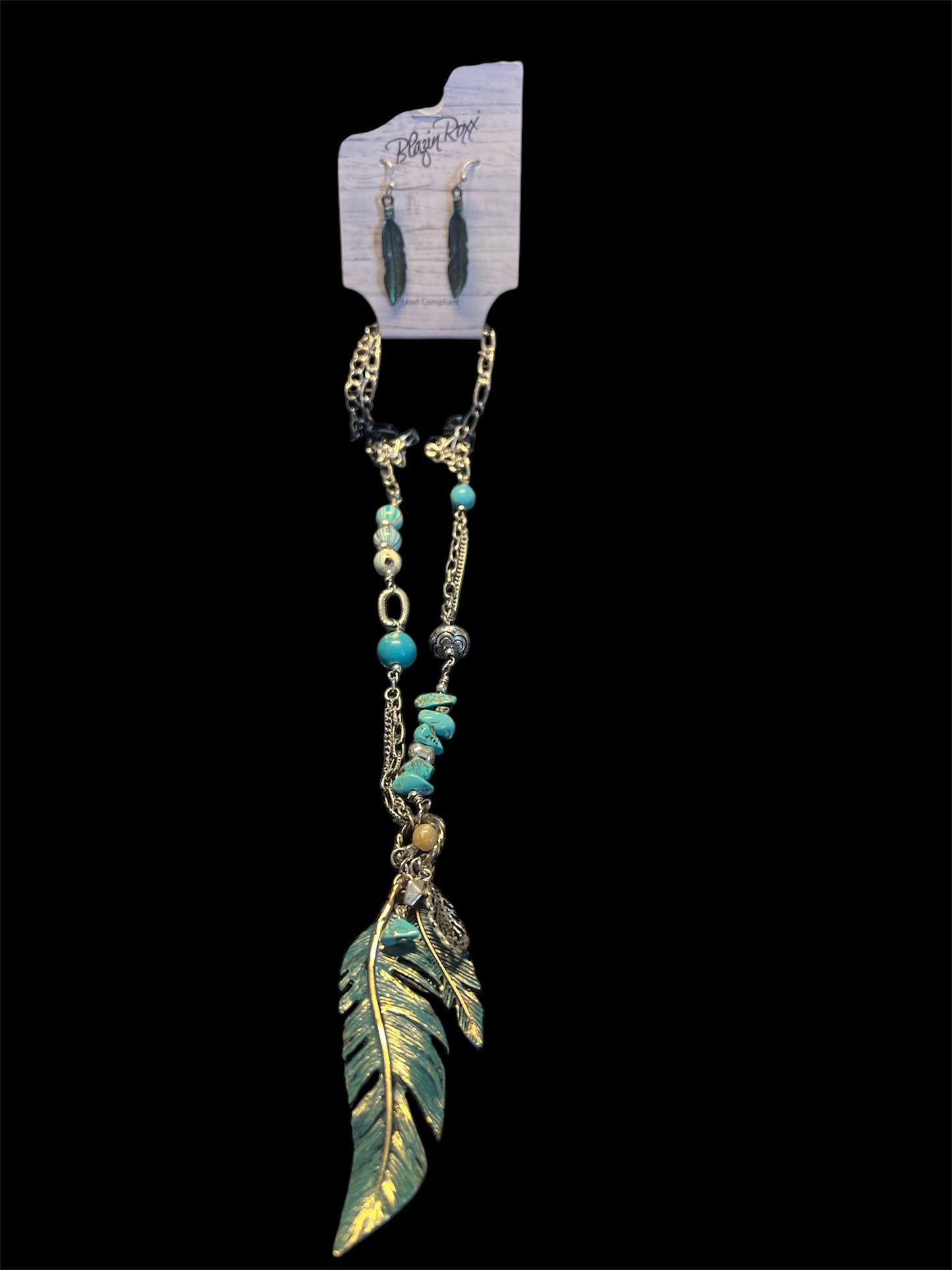Feathers & turquoise charm necklace set